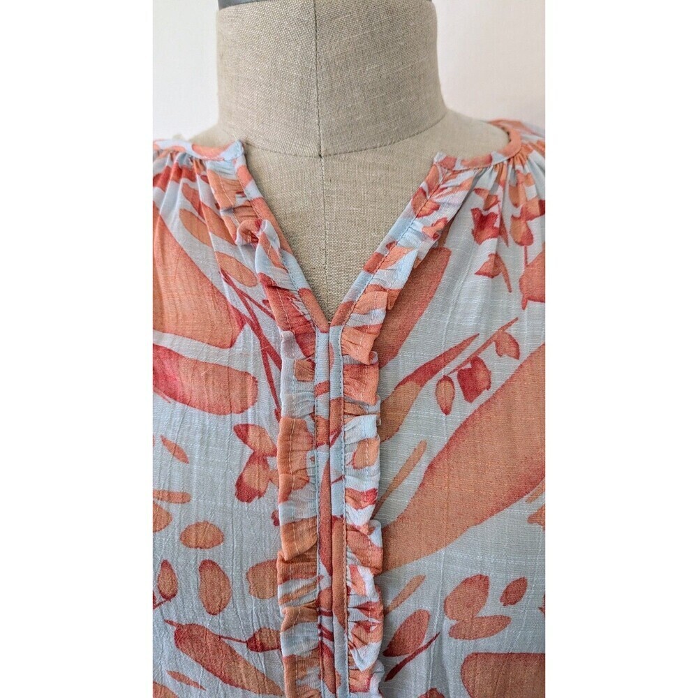 NWT Sharagano Petite M Floral Lace Sleeve Blouse Blue Orange Rayon Blend - Picture 4 of 9